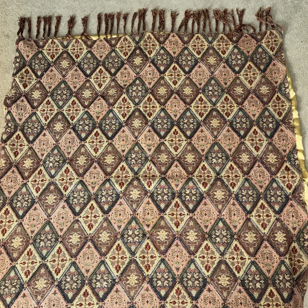 Vtg Pier 1 Tapestry Fringe Throw Blanket Boho Beaded Diamond Moroccan INDIA